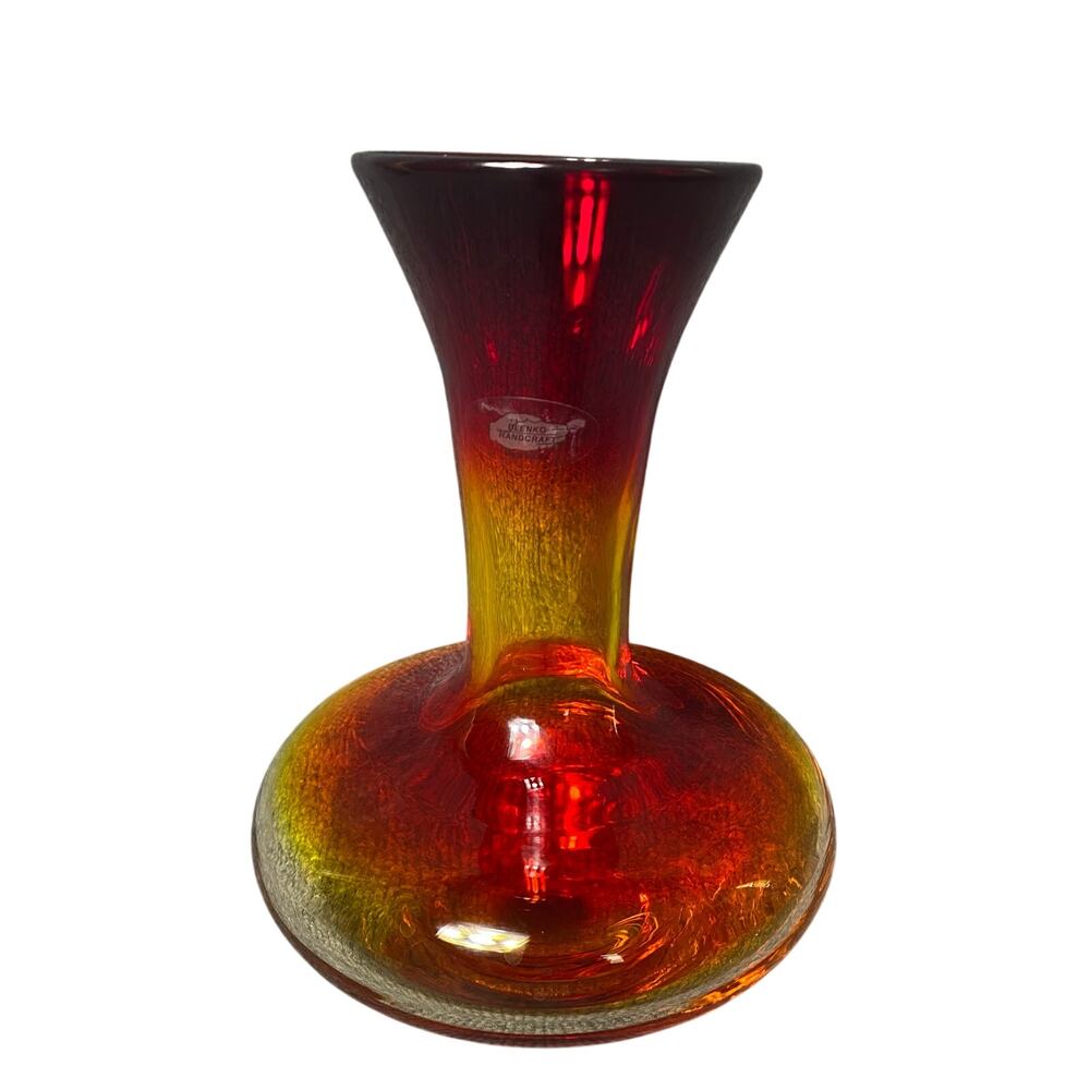 Vintage Blenko #3302 10” Tangerine Vase w/ label Artist Signature, Etched 2003